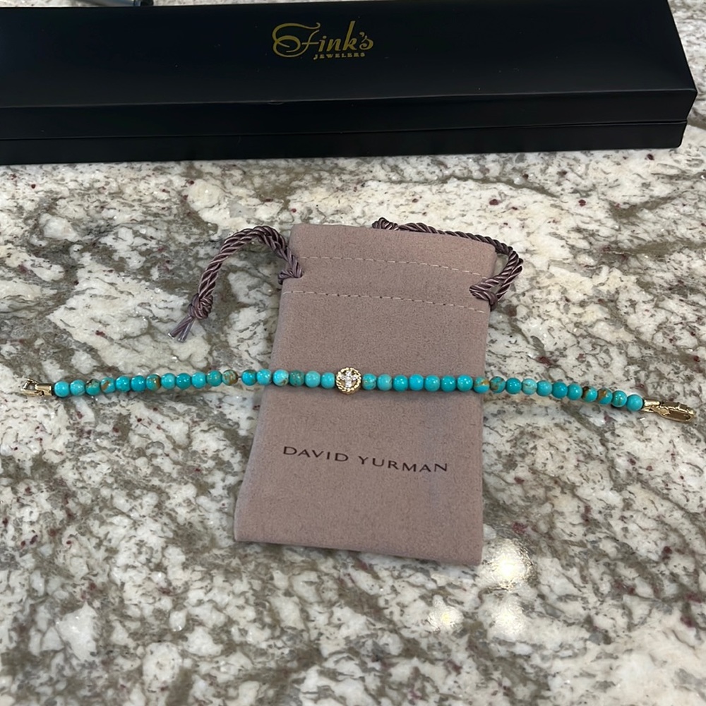 Turquoise Spiritual Beads Peace Sign Bracelet, 14K Yellow Gold and Pavé Diamonds